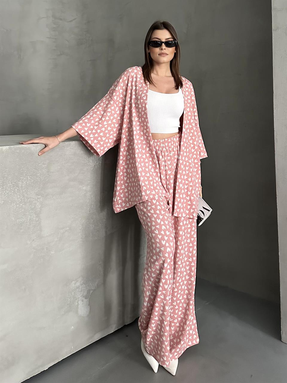 Kalp Desenli Pudra Yazlık Kimono Takım