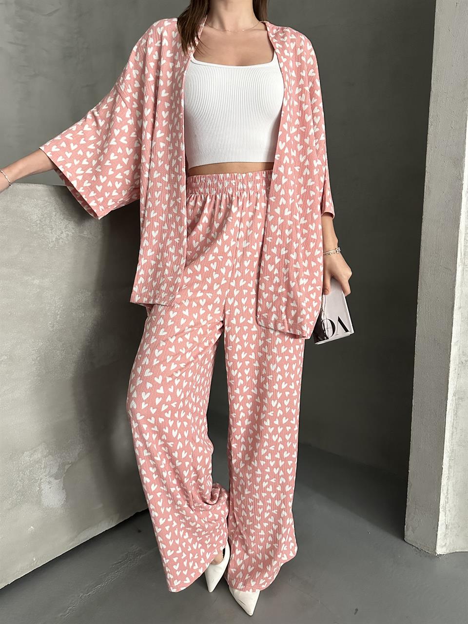 Kalp Desenli Pudra Yazlık Kimono Takım