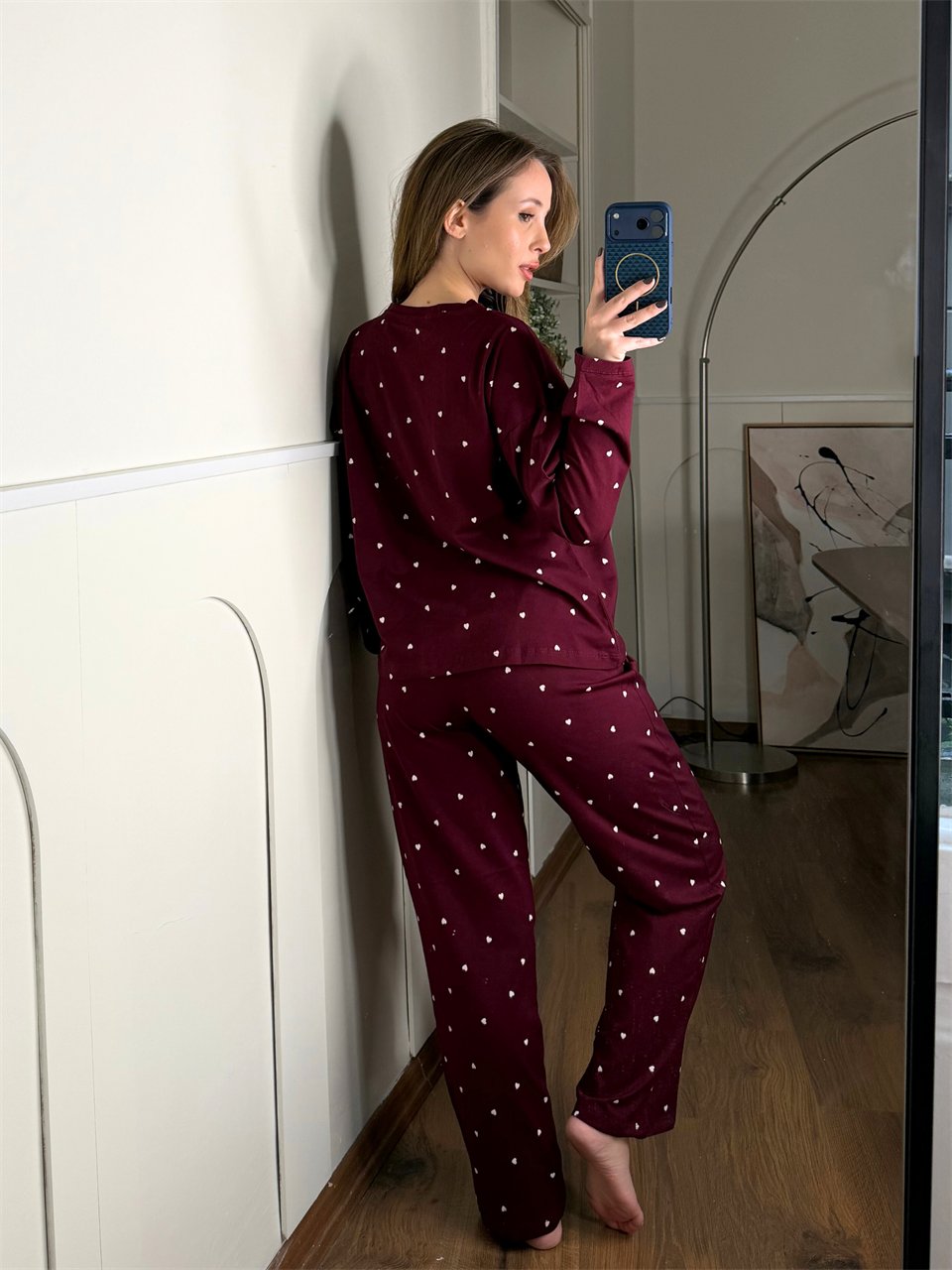 Minik Kalp Desenli Bordo Pijama Takımı