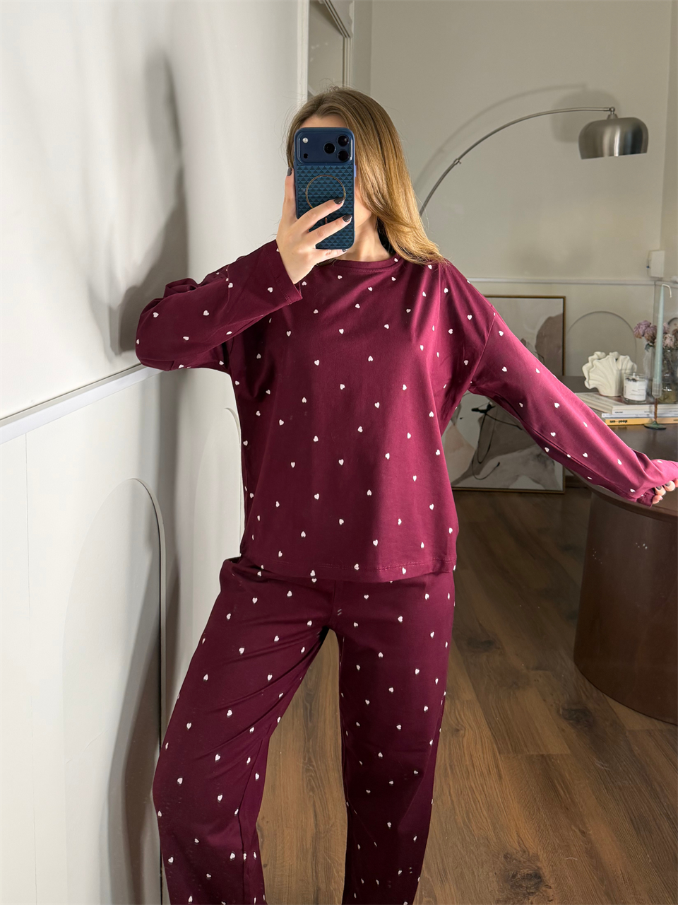 Minik Kalp Desenli Bordo Pijama Takımı