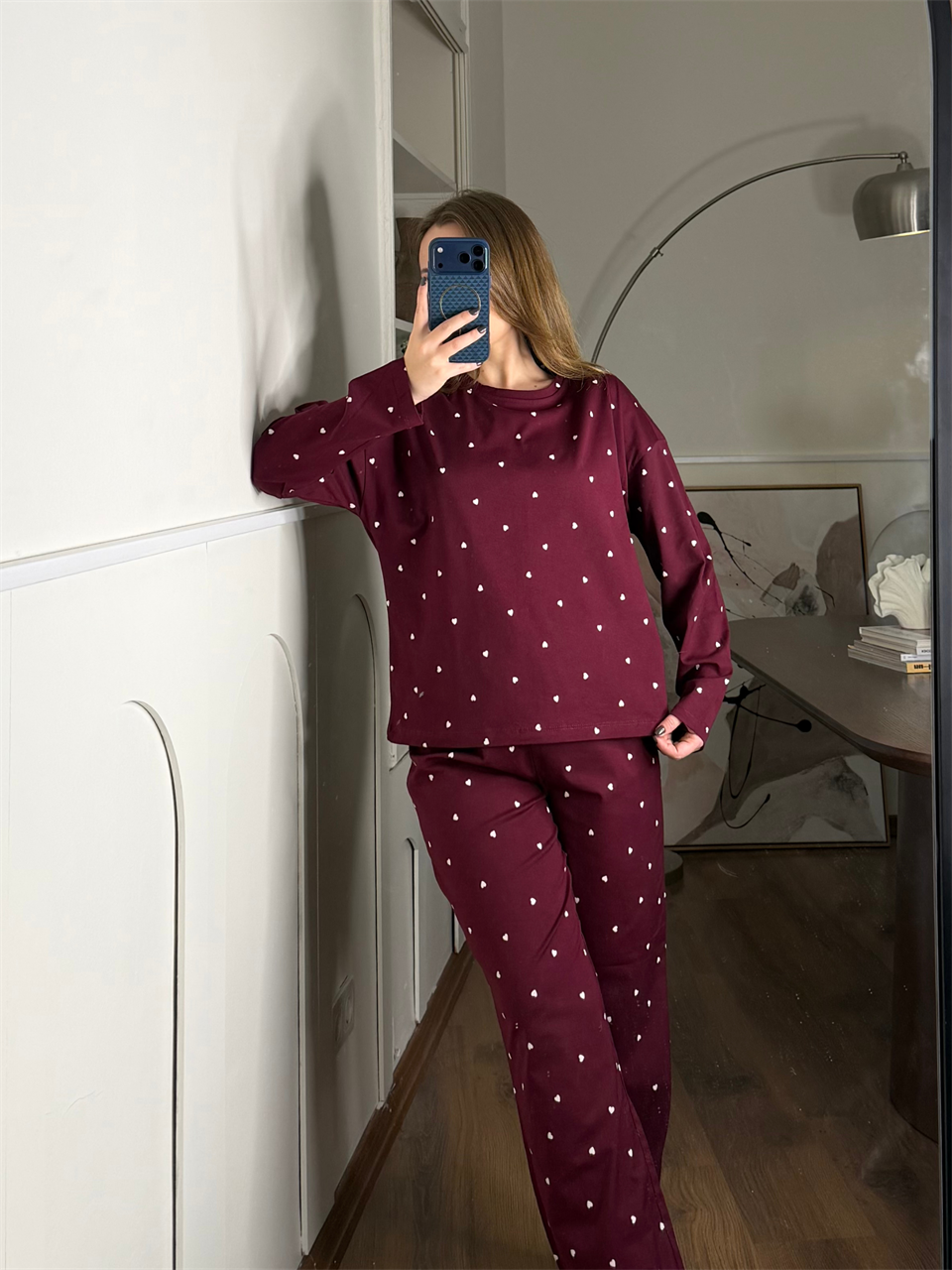 Minik Kalp Desenli Bordo Pijama Takımı