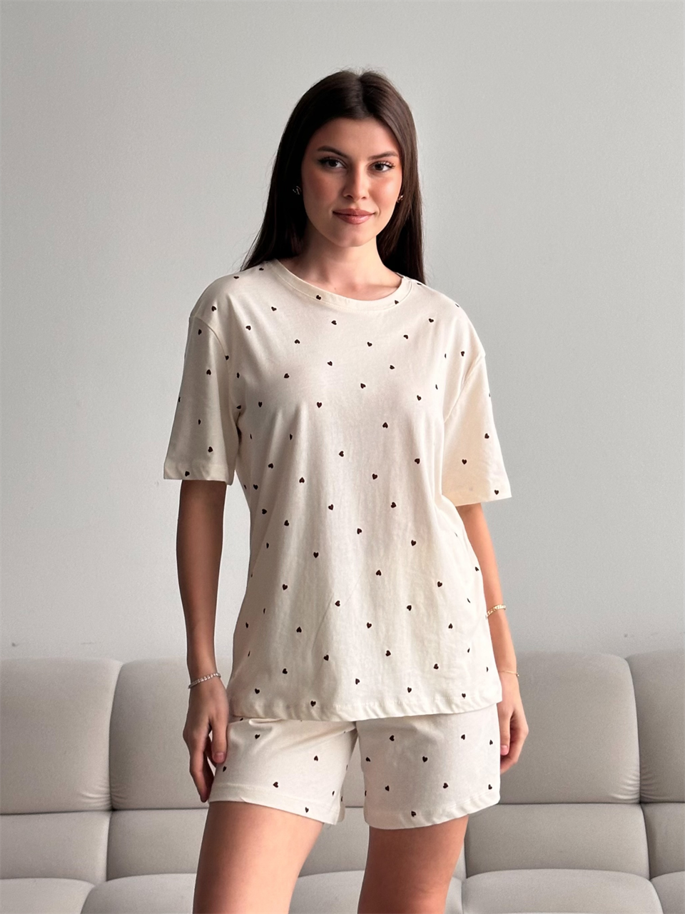 Love Mini Kalp Desenli Şortlu Pijama Takımı
