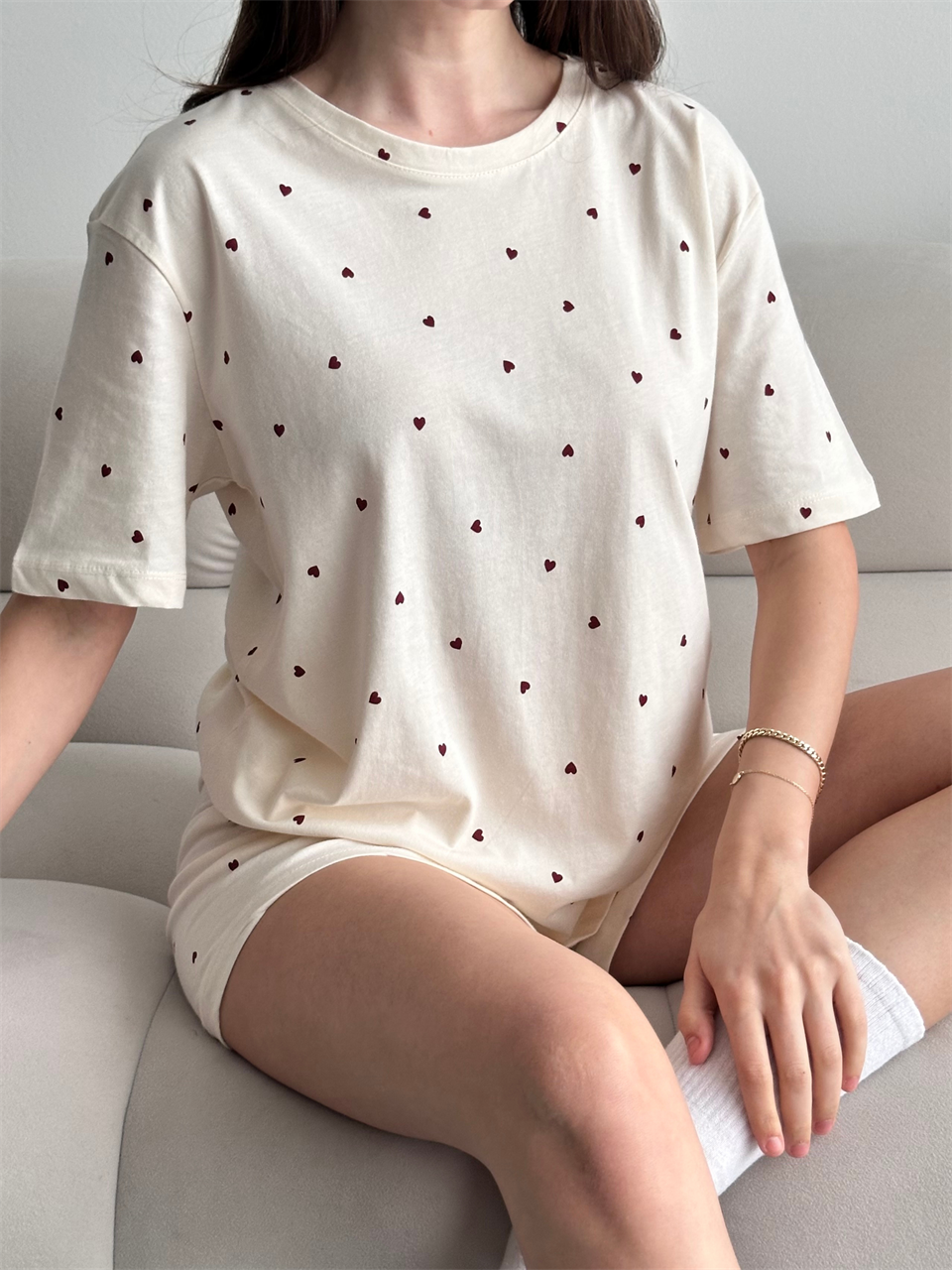 Love Mini Kalp Desenli Şortlu Pijama Takımı