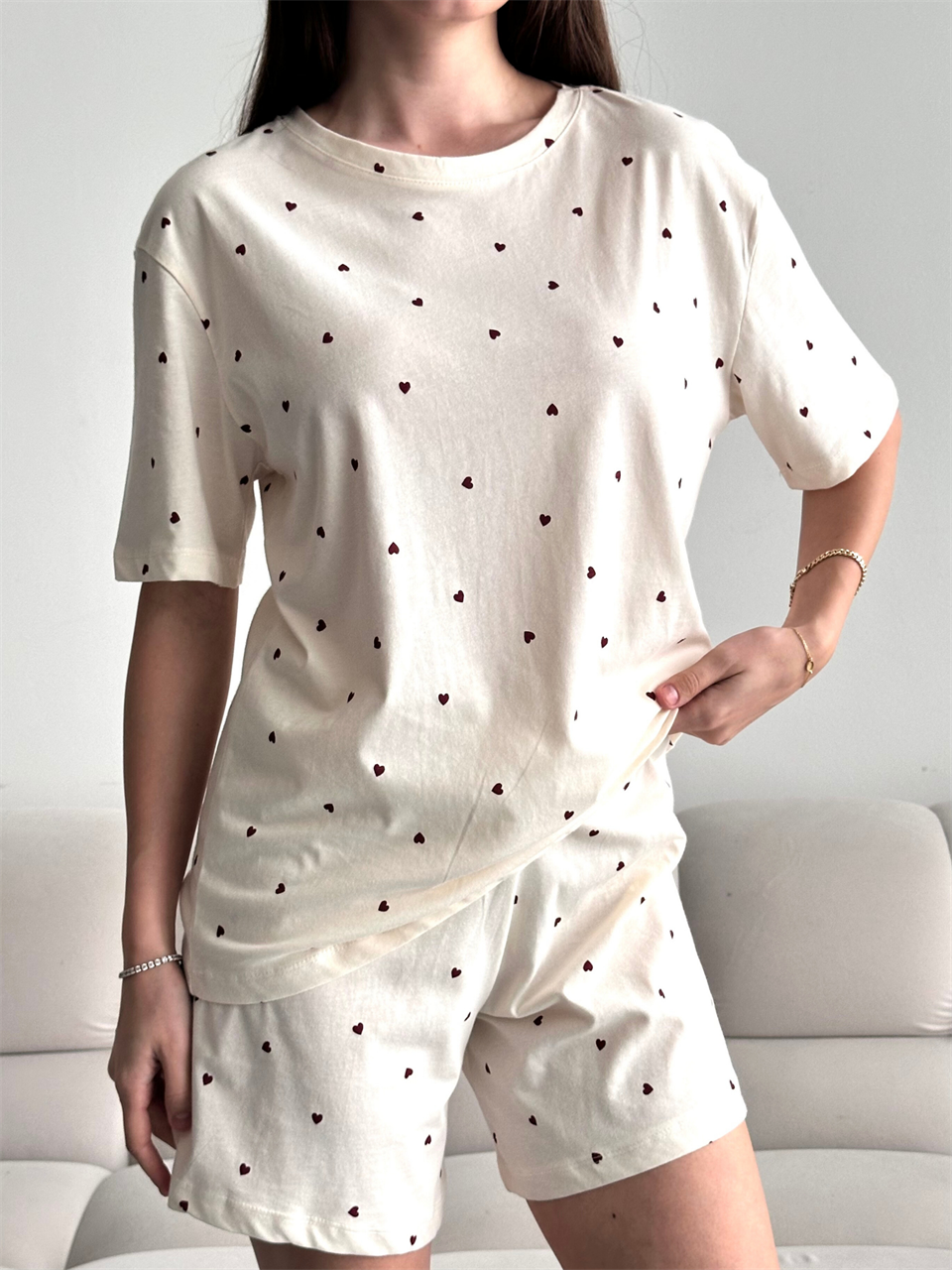 Love Mini Kalp Desenli Şortlu Pijama Takımı