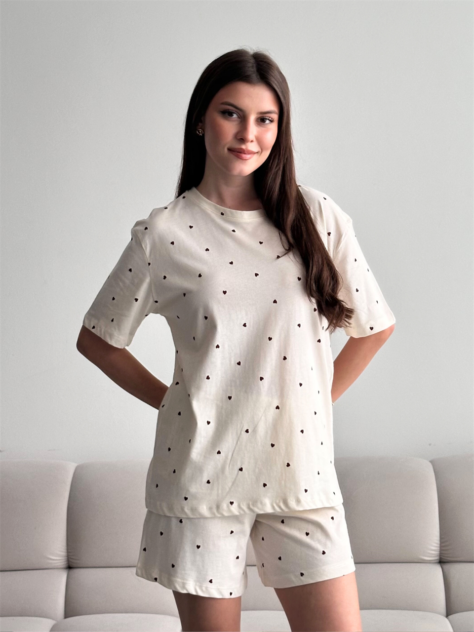 Love Mini Kalp Desenli Şortlu Pijama Takımı