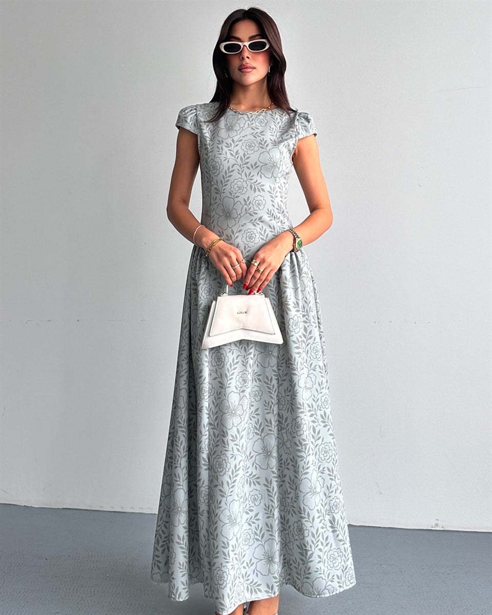 Mint Çiçek Desenli Maxi Elbise