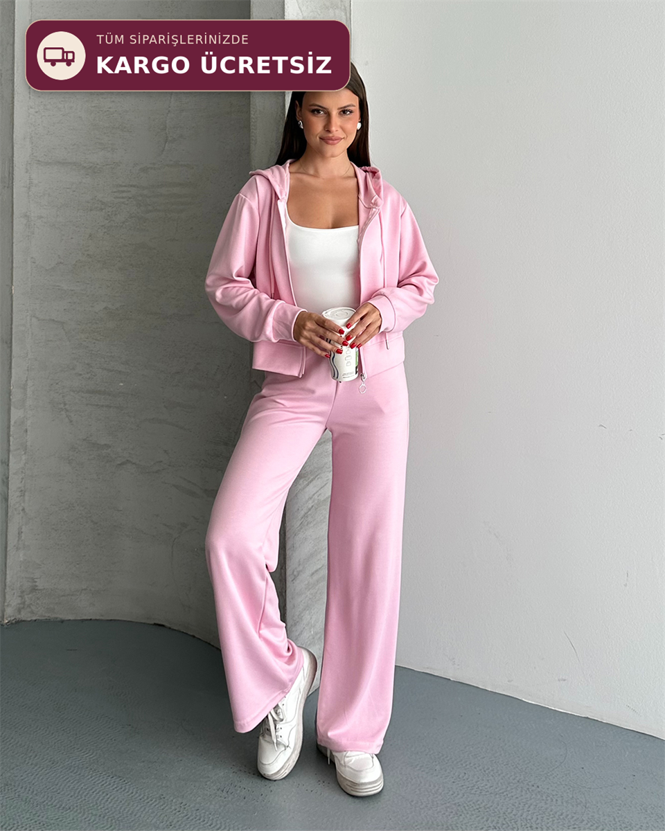 Modal Fermuarlı Kapüşonlu Pembe Eşofman Takımı
