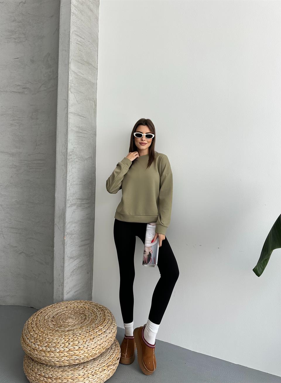 Modal Kumaş Unisex Haki Sweatshirt