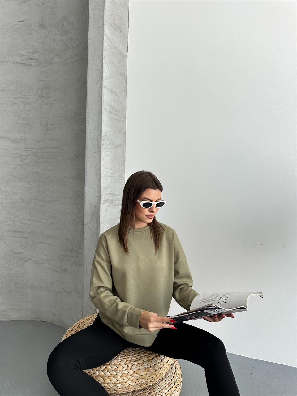 Modal Kumaş Unisex Haki Sweatshirt