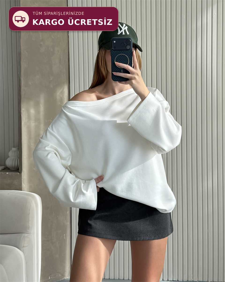 Mona Kayık Yaka Beyaz Sweatshirt