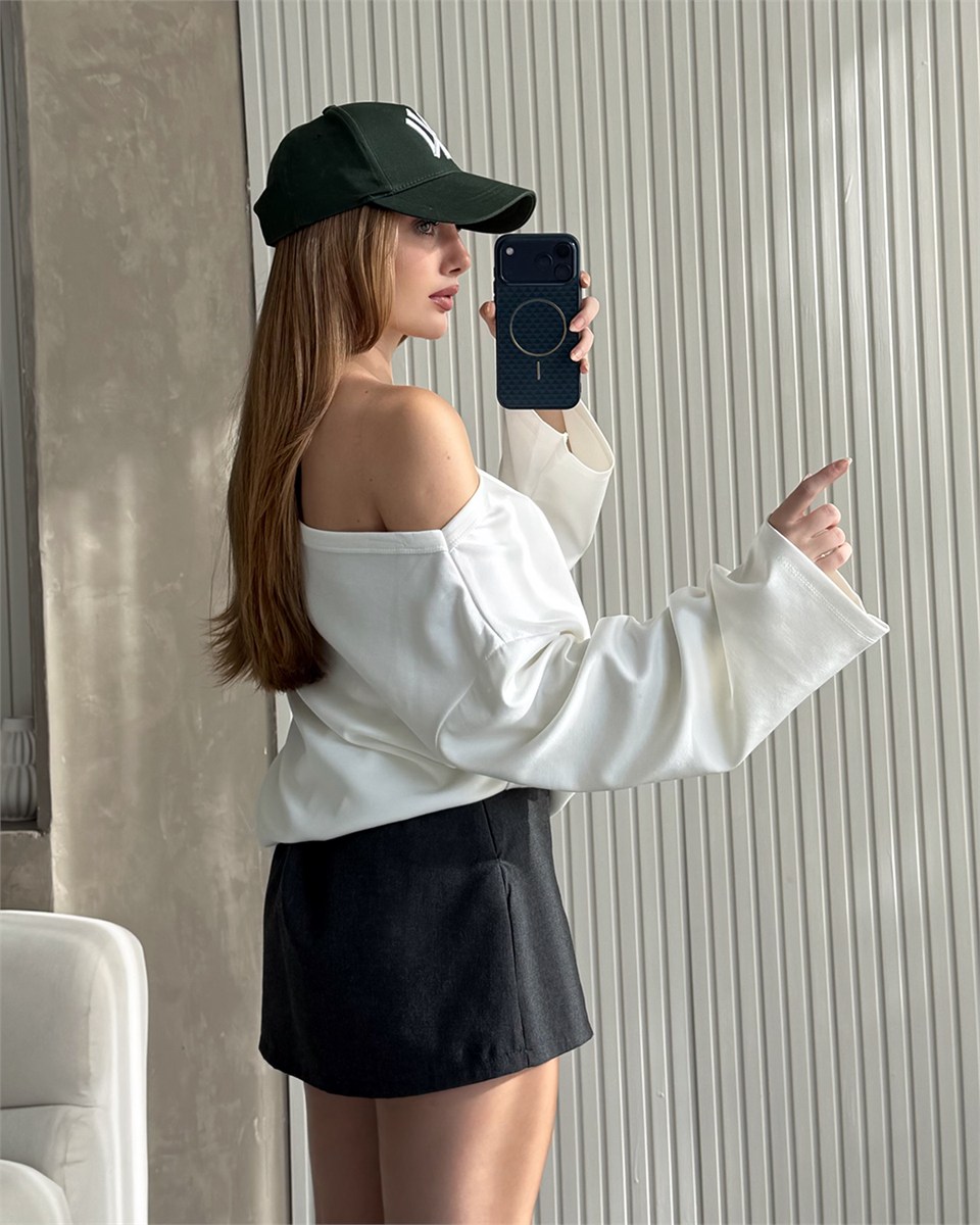Mona Kayık Yaka Beyaz Sweatshirt
