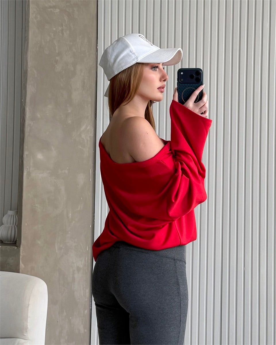 Mona Kayık Yaka Kırmızı Sweatshirt