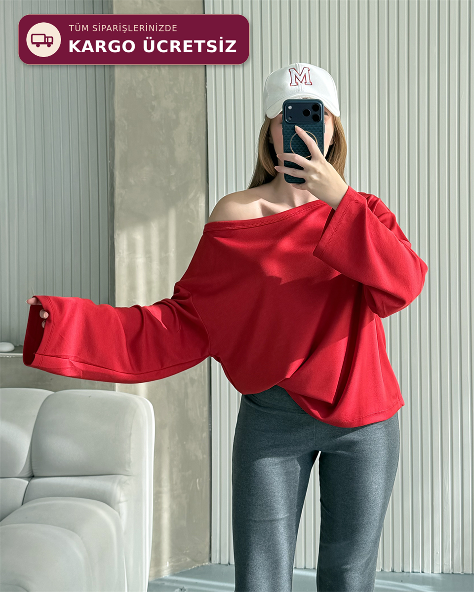 Mona Kayık Yaka Kırmızı Sweatshirt