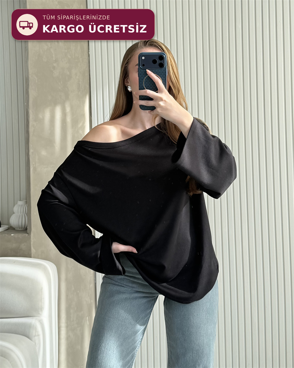 Mona Kayık Yaka Siyah Sweatshirt