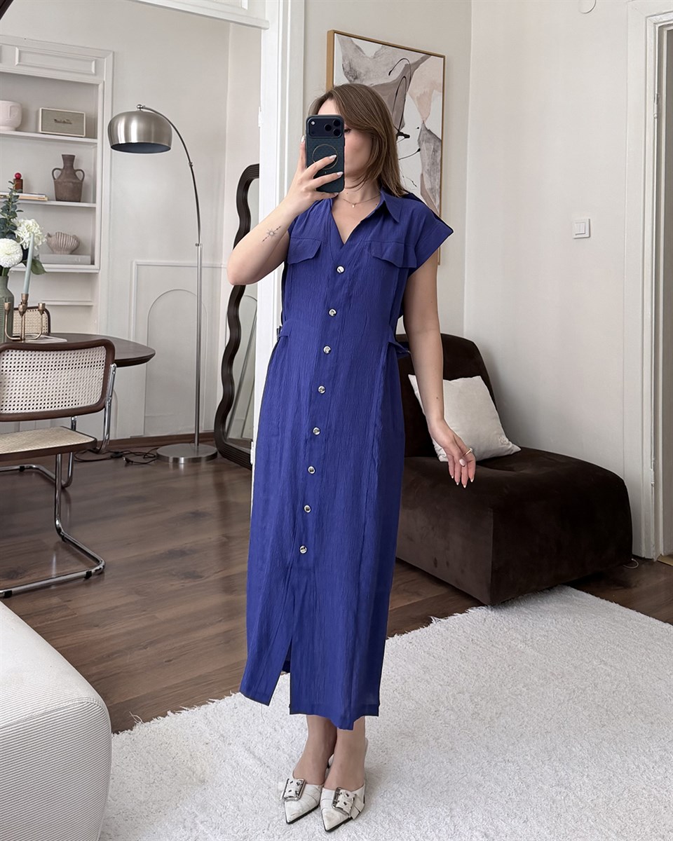 Mor Toka Detaylı Gömlek Elbise