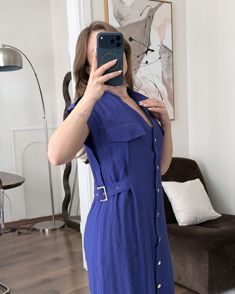 Mor Toka Detaylı Gömlek Elbise