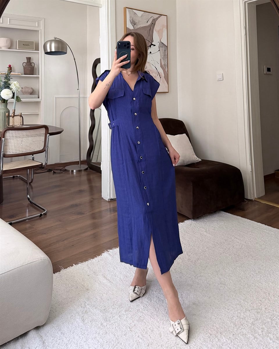 Mor Toka Detaylı Gömlek Elbise