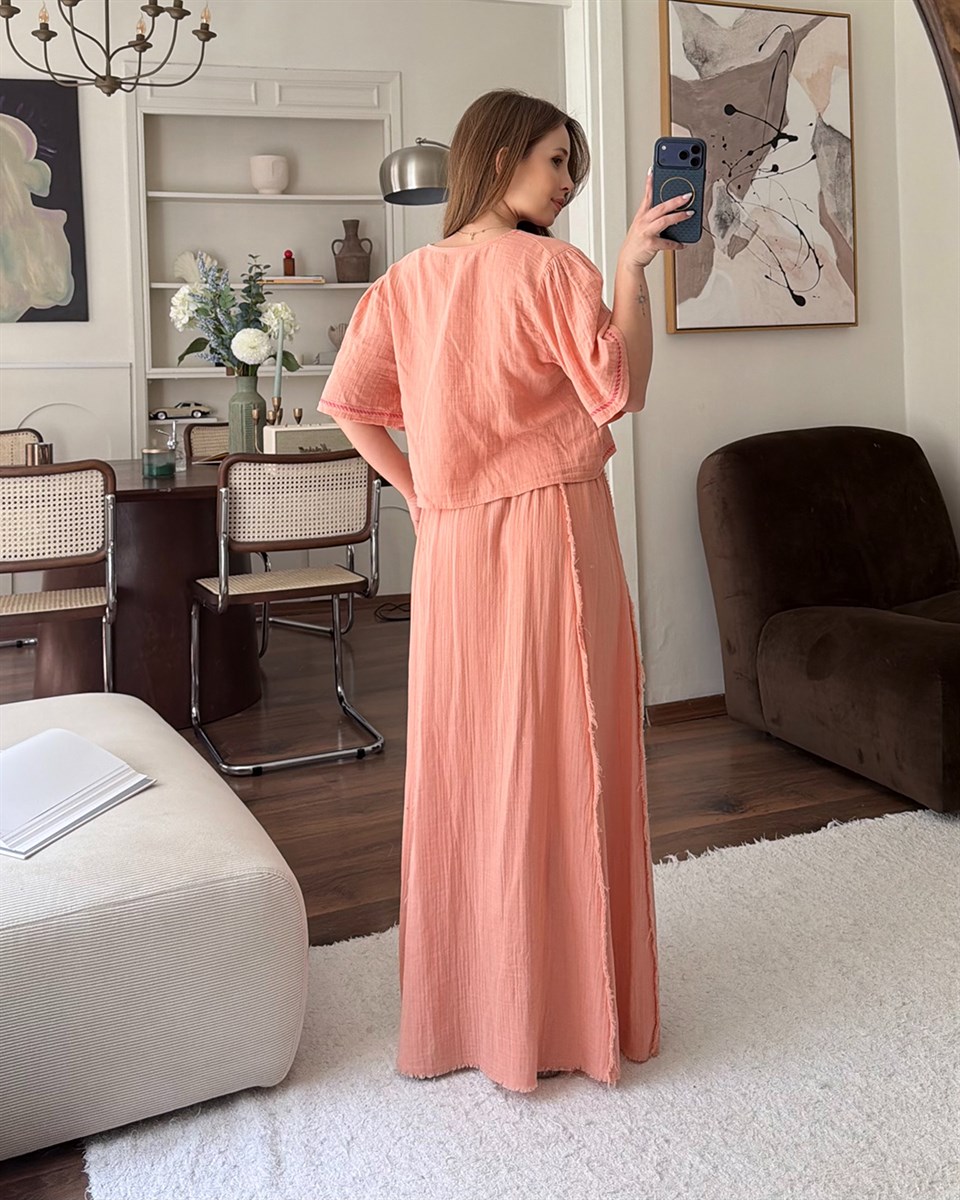 Nakış Detaylı Pembe Müslin Etek Takım