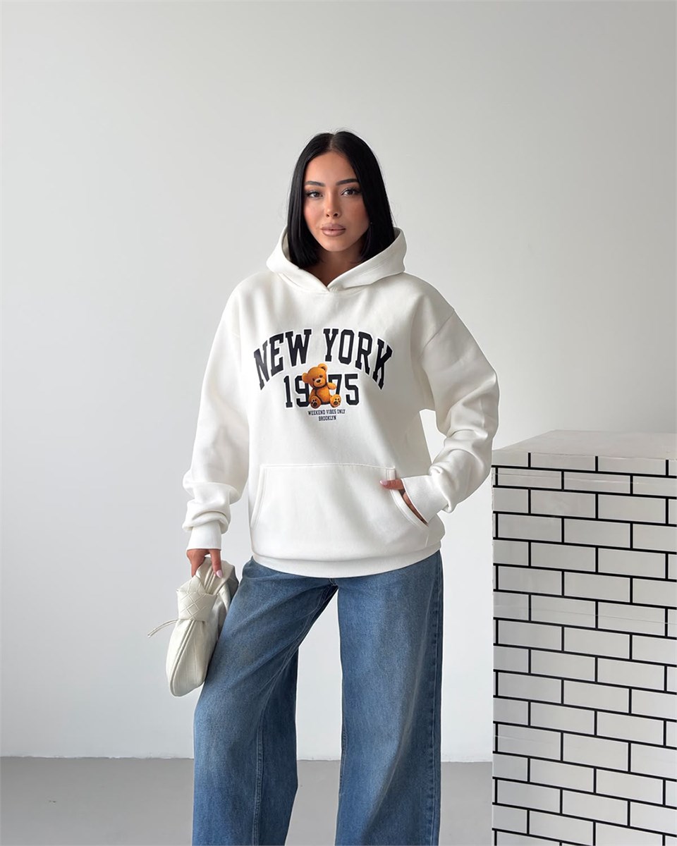 New York Oversize Kapüşonlu Beyaz Sweatshirt