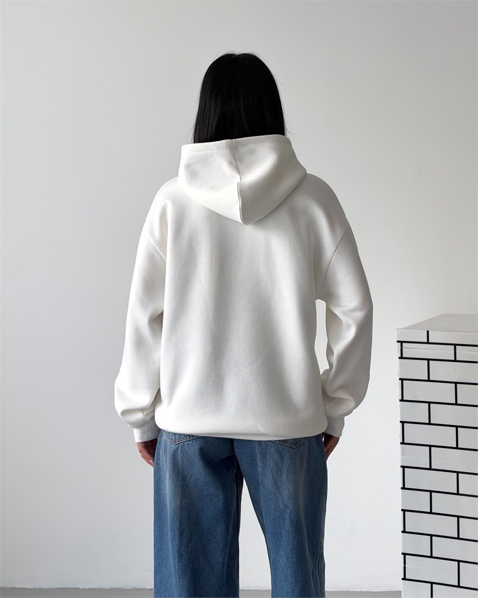 New York Oversize Kapüşonlu Beyaz Sweatshirt