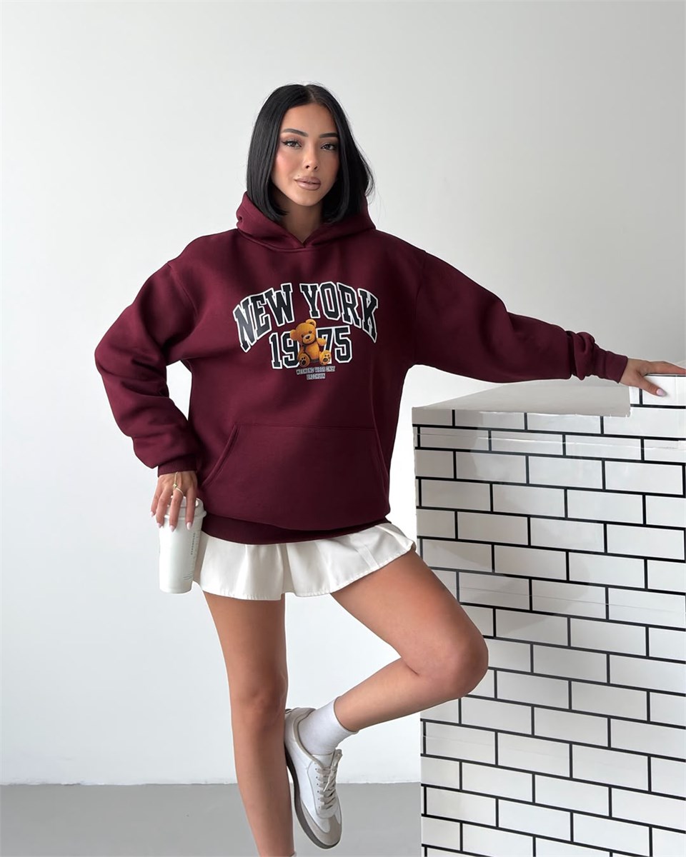 New York Oversize Kapüşonlu Bordo Sweatshirt