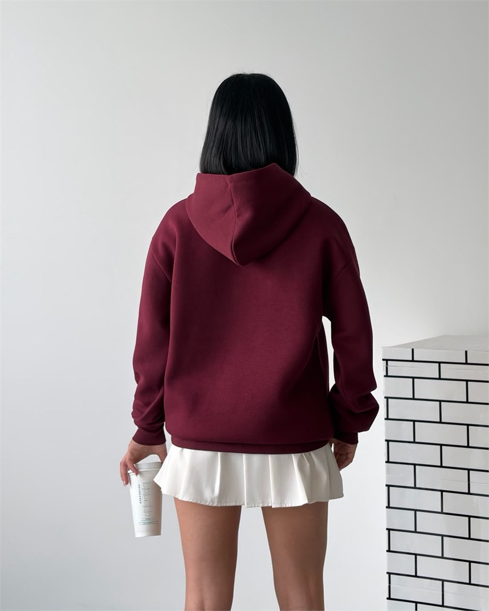 New York Oversize Kapüşonlu Bordo Sweatshirt