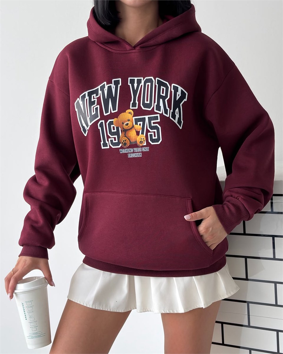 New York Oversize Kapüşonlu Bordo Sweatshirt
