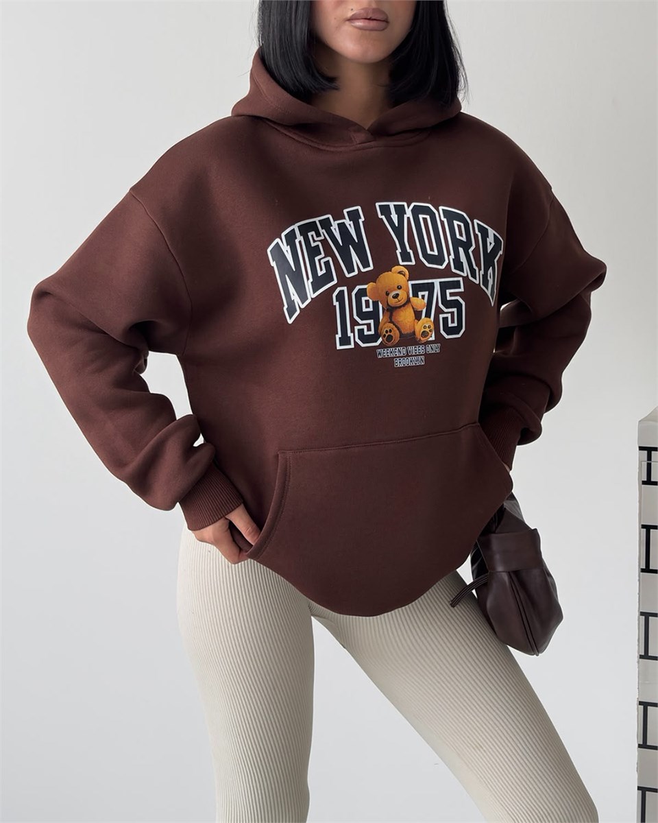 New York Oversize Kapüşonlu Kahverengi Sweatshirt