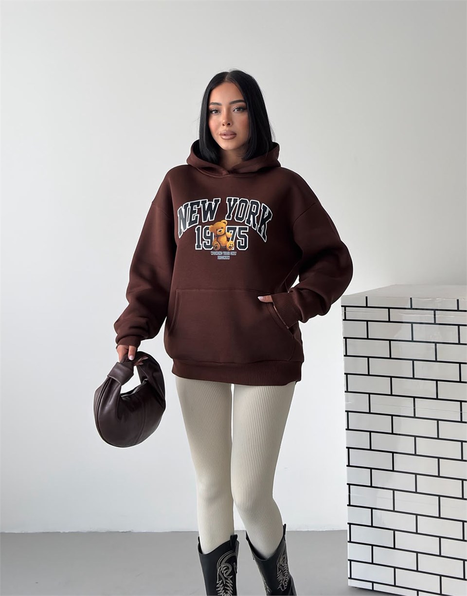New York Oversize Kapüşonlu Kahverengi Sweatshirt