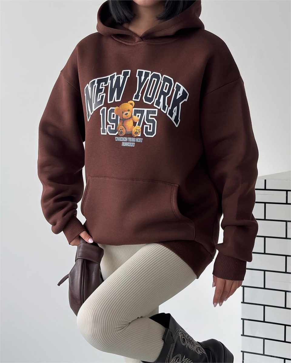 New York Oversize Kapüşonlu Kahverengi Sweatshirt