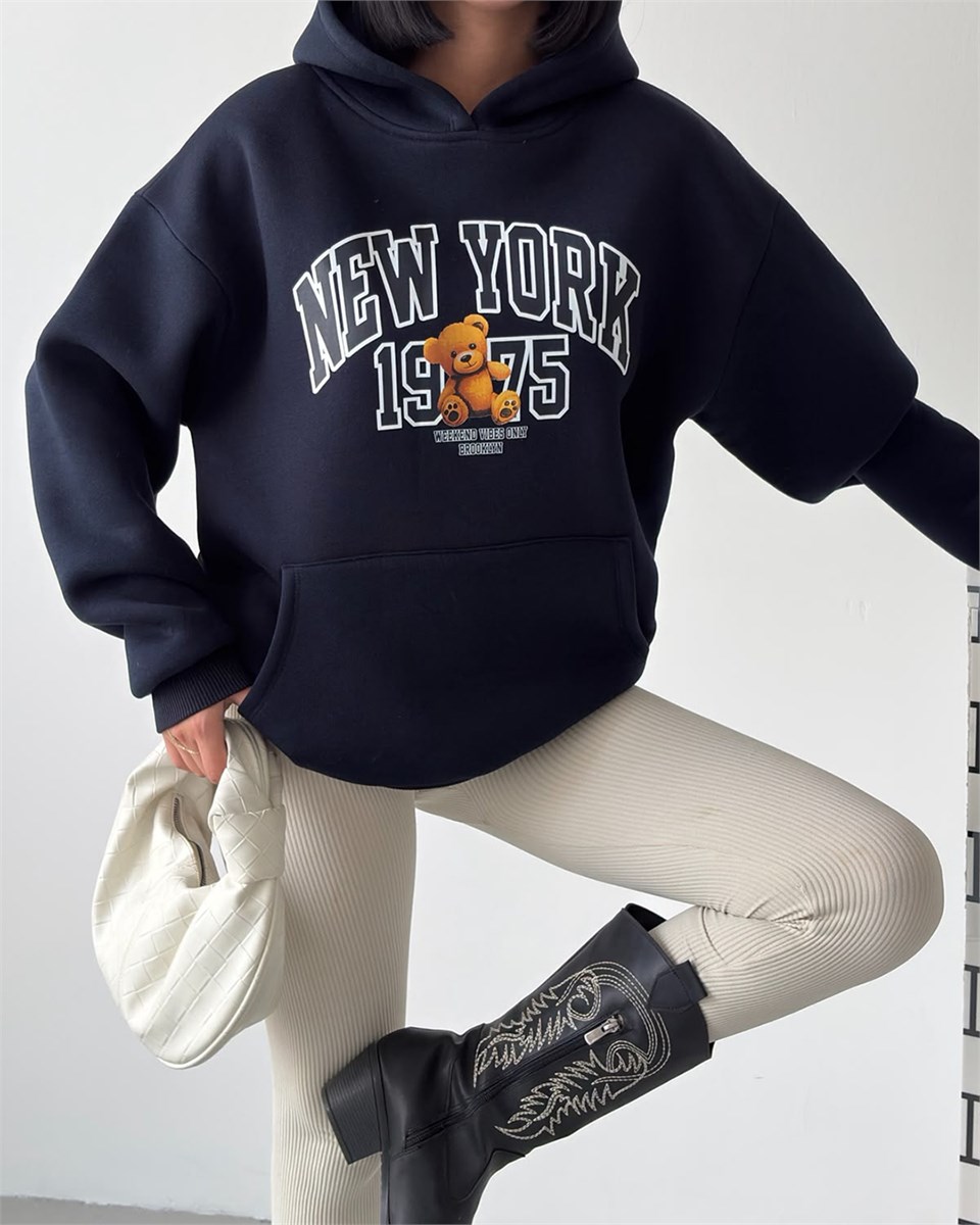 New York Oversize Kapüşonlu Lacivert Sweatshirt