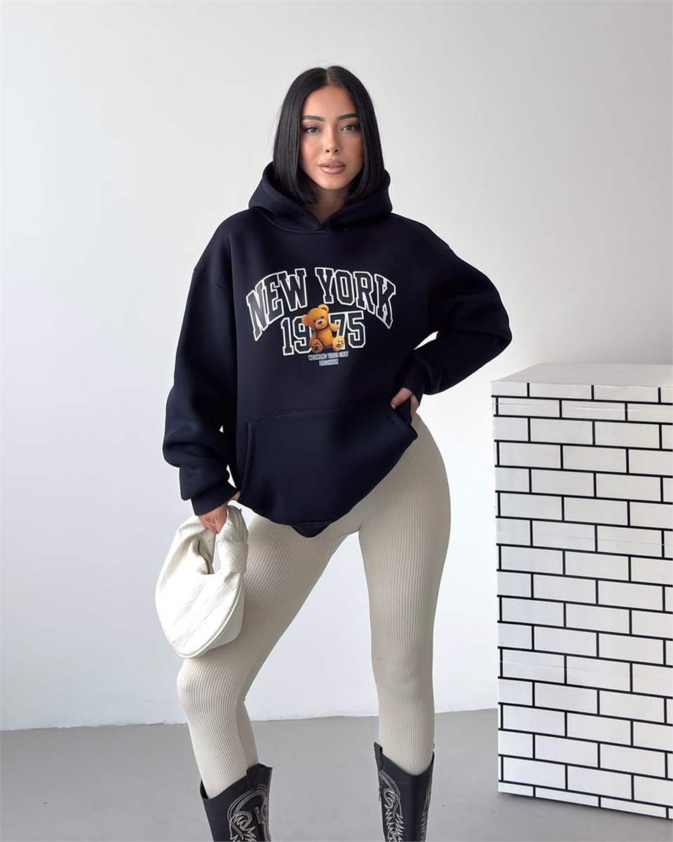 New York Oversize Kapüşonlu Lacivert Sweatshirt