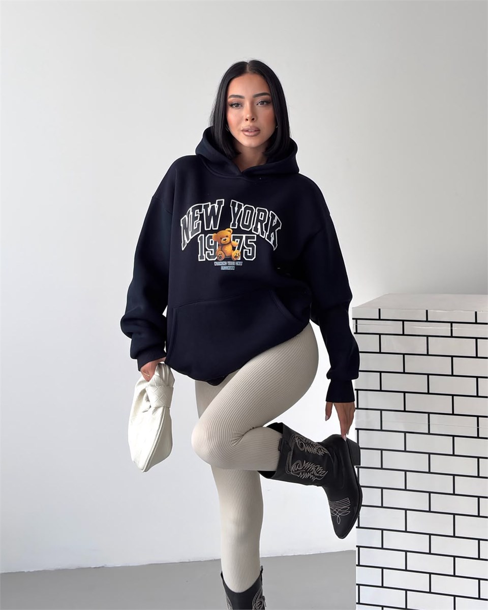 New York Oversize Kapüşonlu Lacivert Sweatshirt