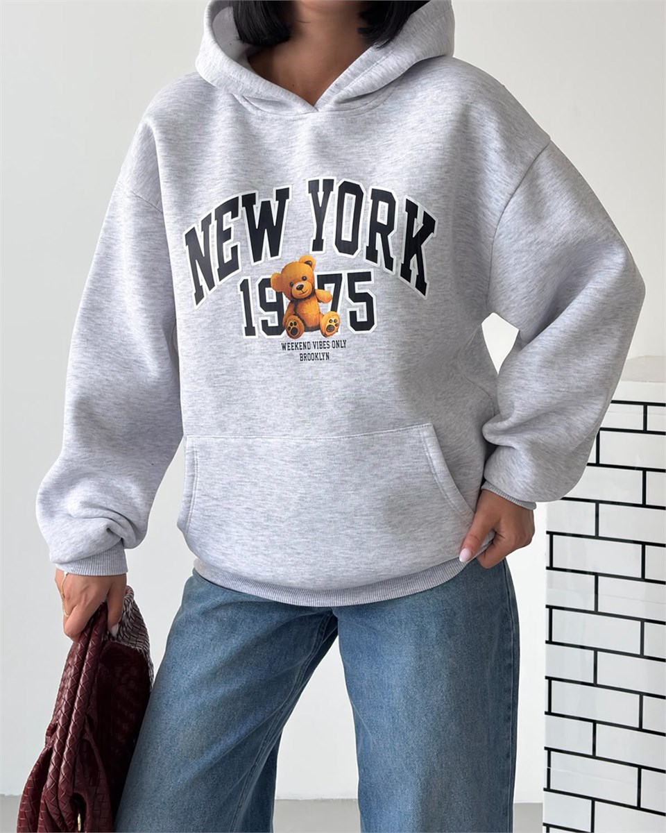 New York Oversize Kapüşonlu Melanj Sweatshirt