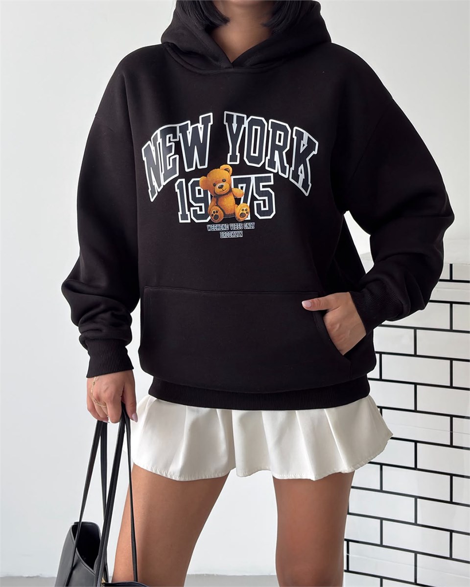 New York Oversize Kapüşonlu Siyah Sweatshirt