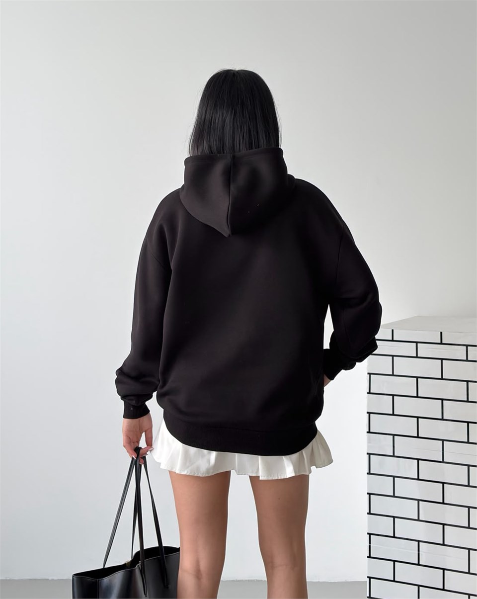 New York Oversize Kapüşonlu Siyah Sweatshirt