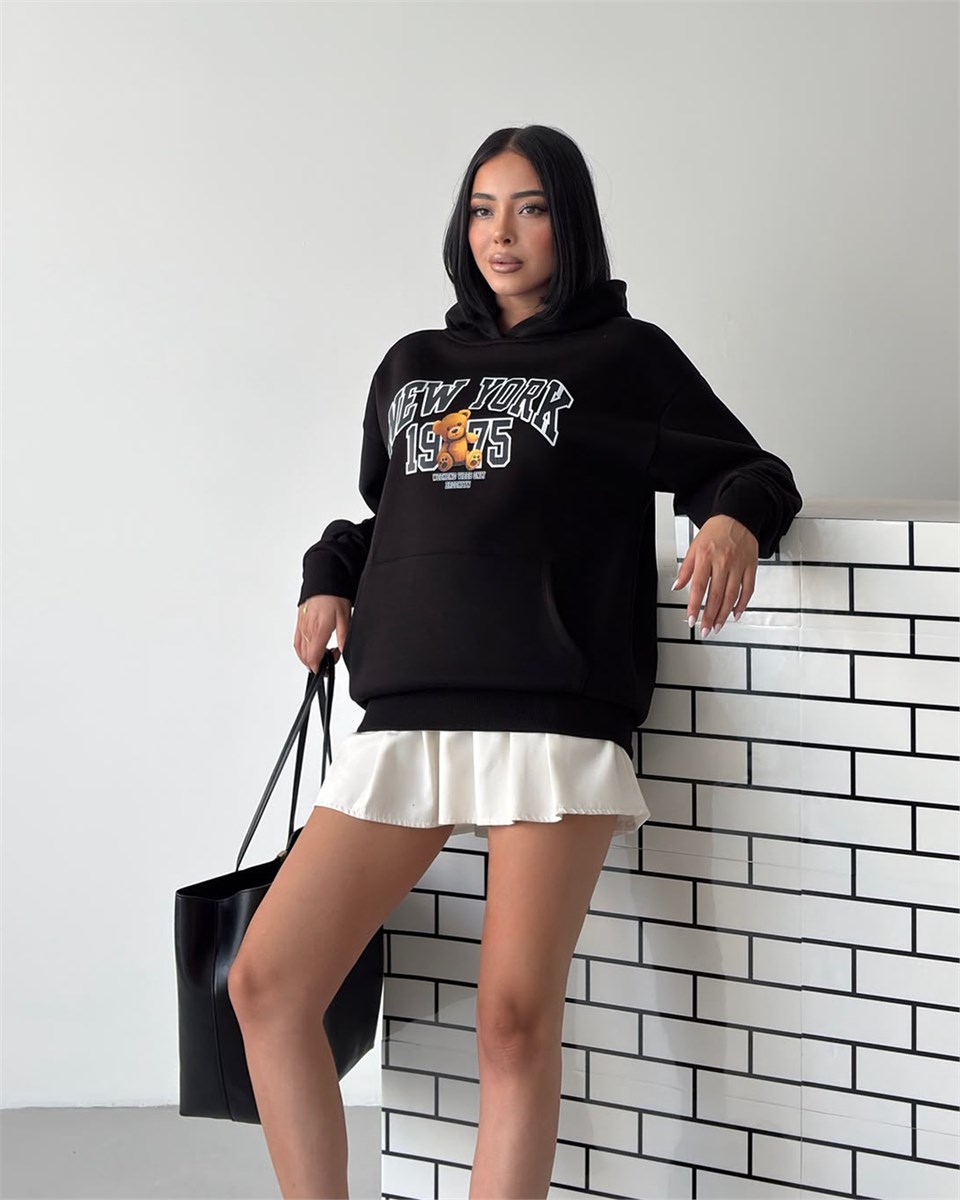 New York Oversize Kapüşonlu Siyah Sweatshirt