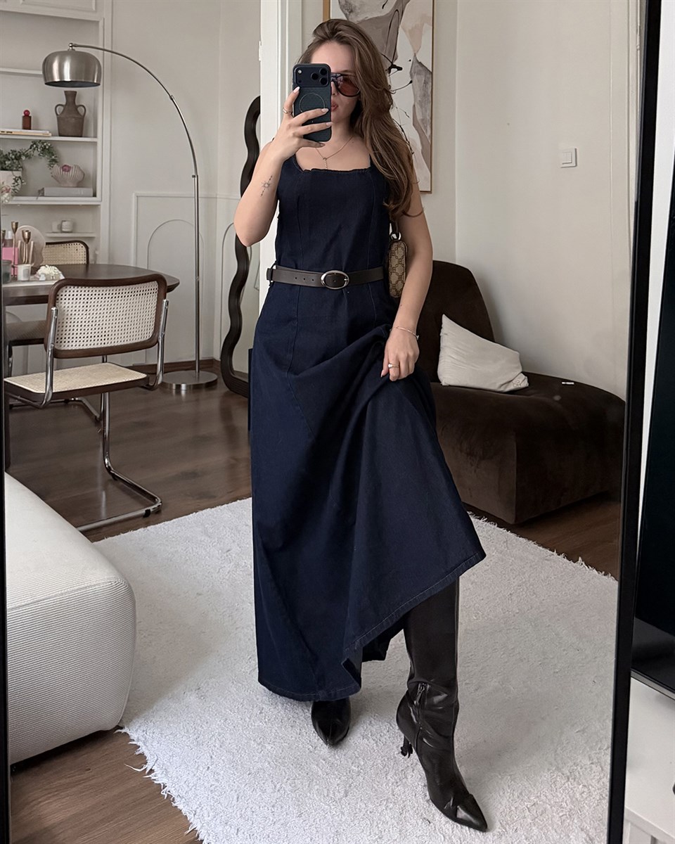 Noir Kemerli Denim Elbise