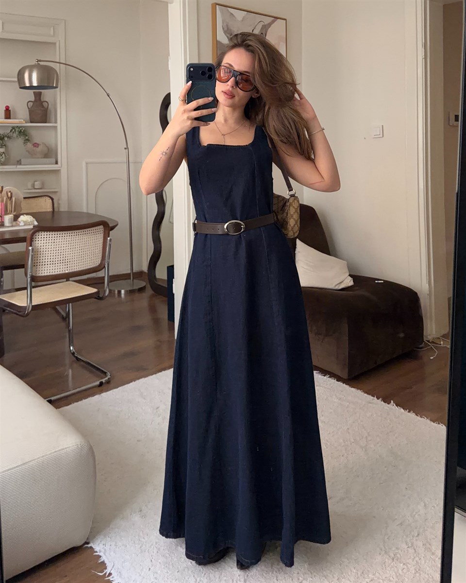 Noir Kemerli Denim Elbise