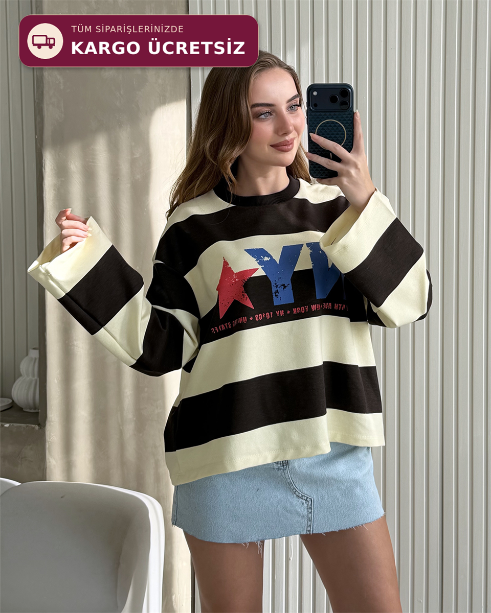 NY Star Çizgili Ekru Sweatshirt