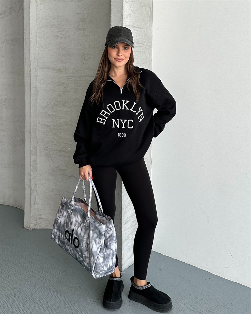NYC Brooklyn Nakışlı Fermuar Yaka Antrasit Sweatshirt