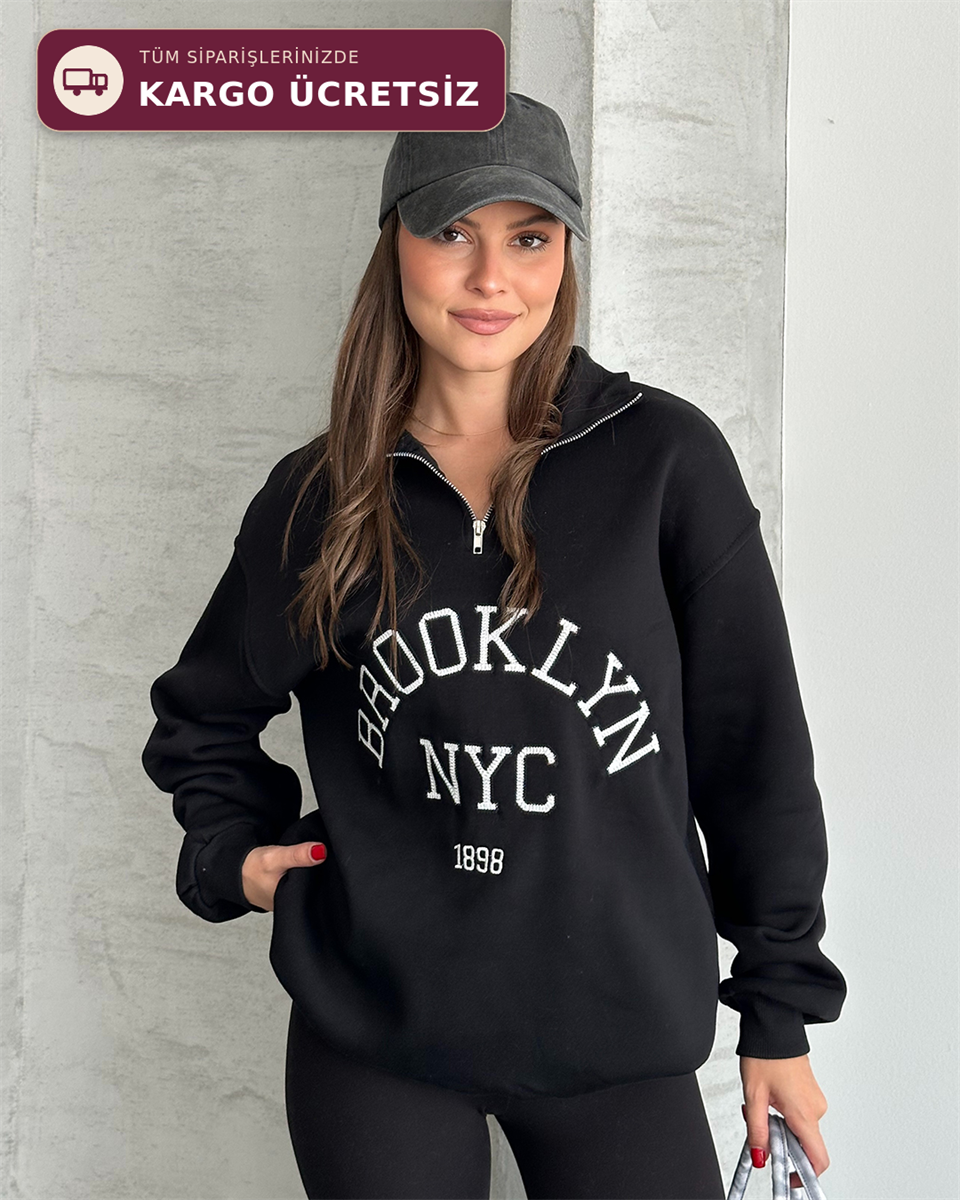 NYC Brooklyn Nakışlı Fermuar Yaka Antrasit Sweatshirt
