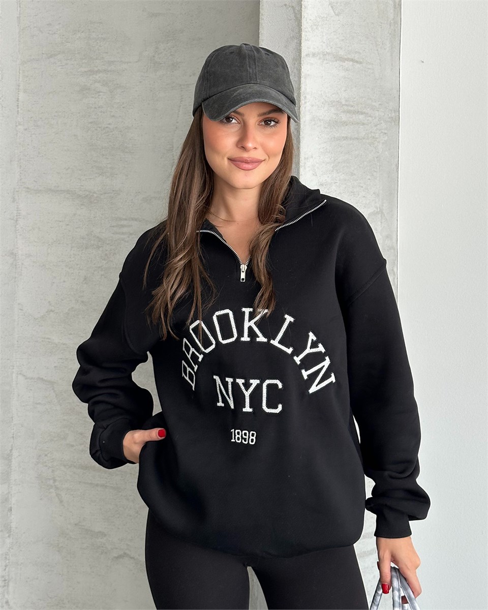 NYC Brooklyn Nakışlı Fermuar Yaka Antrasit Sweatshirt