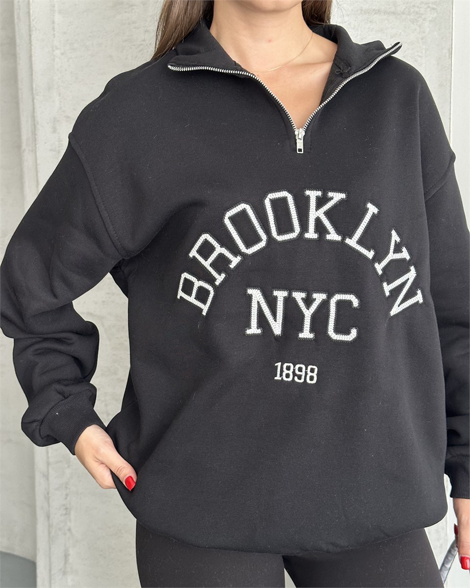 NYC Brooklyn Nakışlı Fermuar Yaka Antrasit Sweatshirt