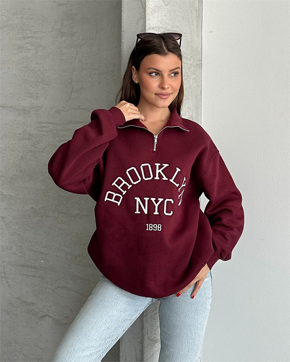 NYC Brooklyn Nakışlı Fermuar Yaka Bordo Sweatshirt