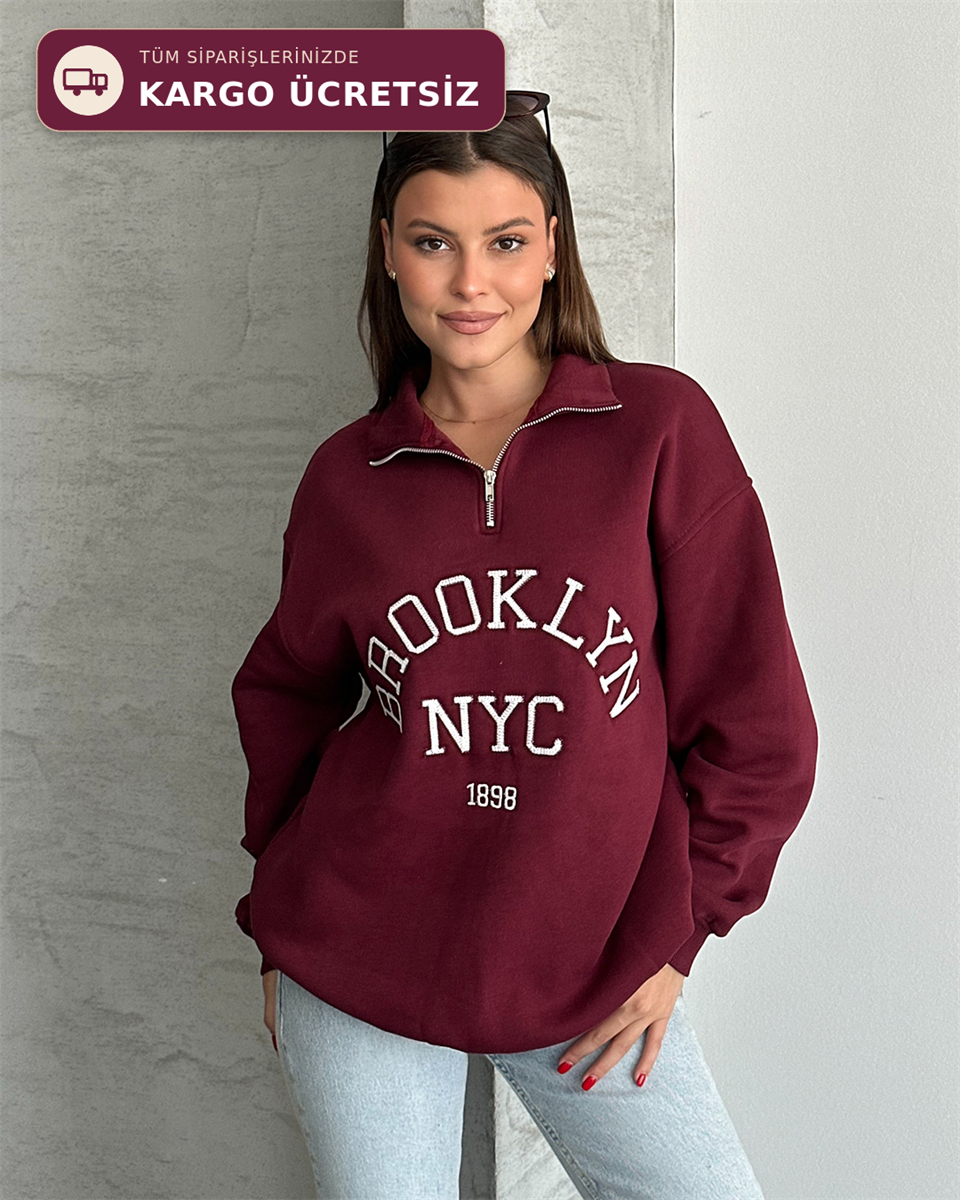 NYC Brooklyn Nakışlı Fermuar Yaka Bordo Sweatshirt