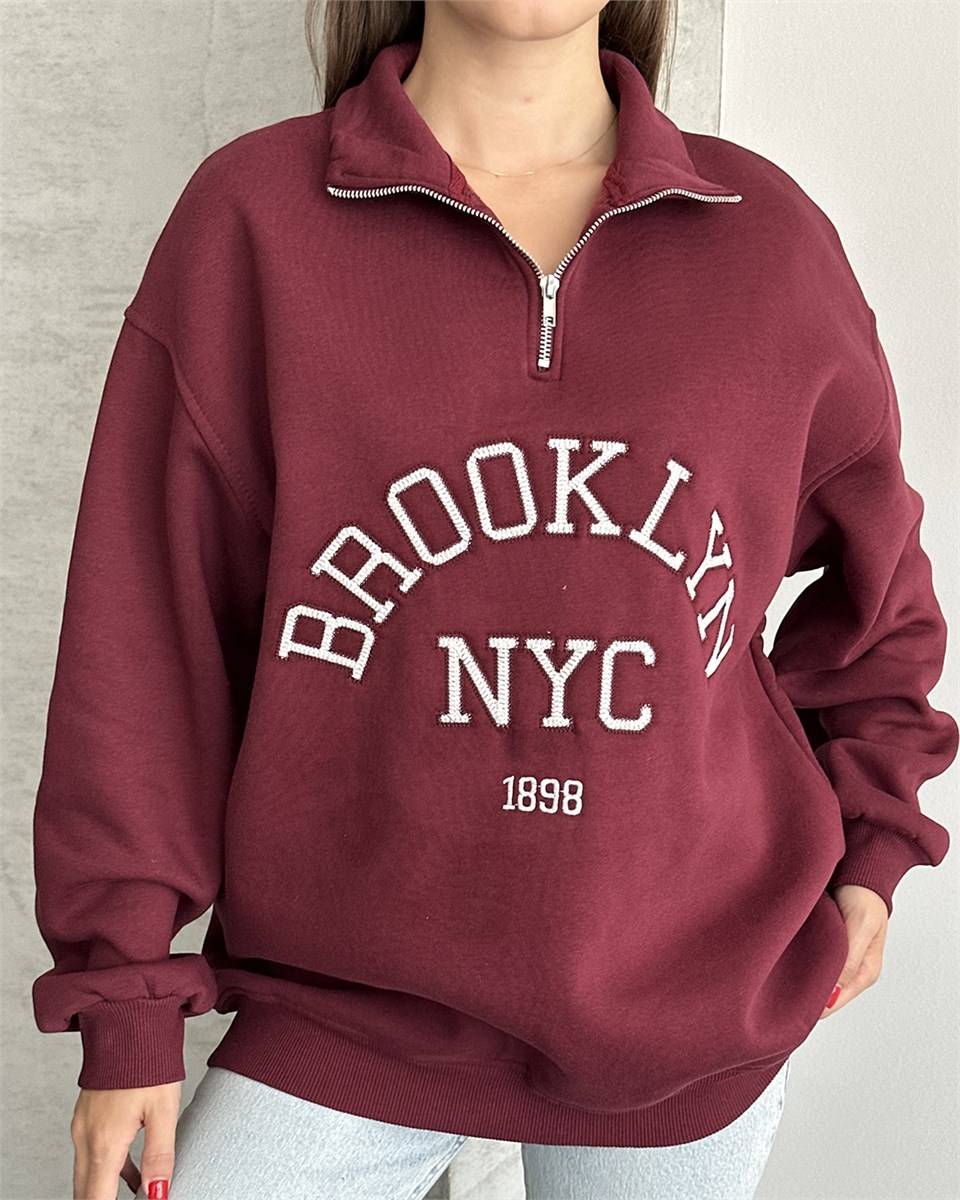 NYC Brooklyn Nakışlı Fermuar Yaka Bordo Sweatshirt
