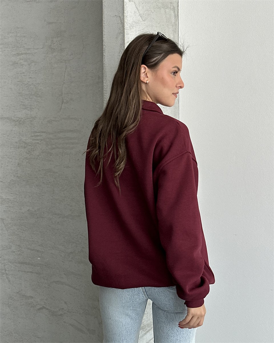 NYC Brooklyn Nakışlı Fermuar Yaka Bordo Sweatshirt