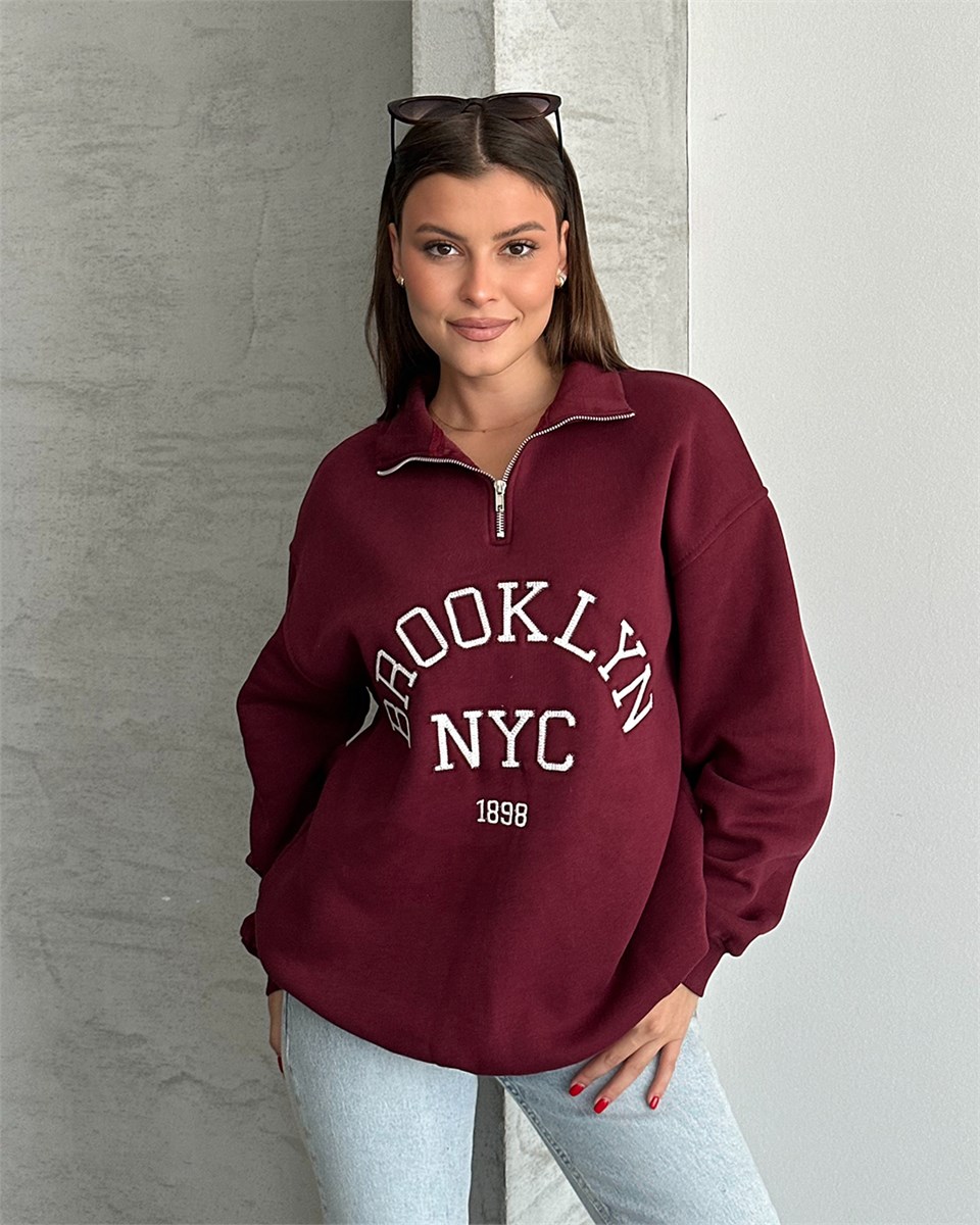 NYC Brooklyn Nakışlı Fermuar Yaka Bordo Sweatshirt