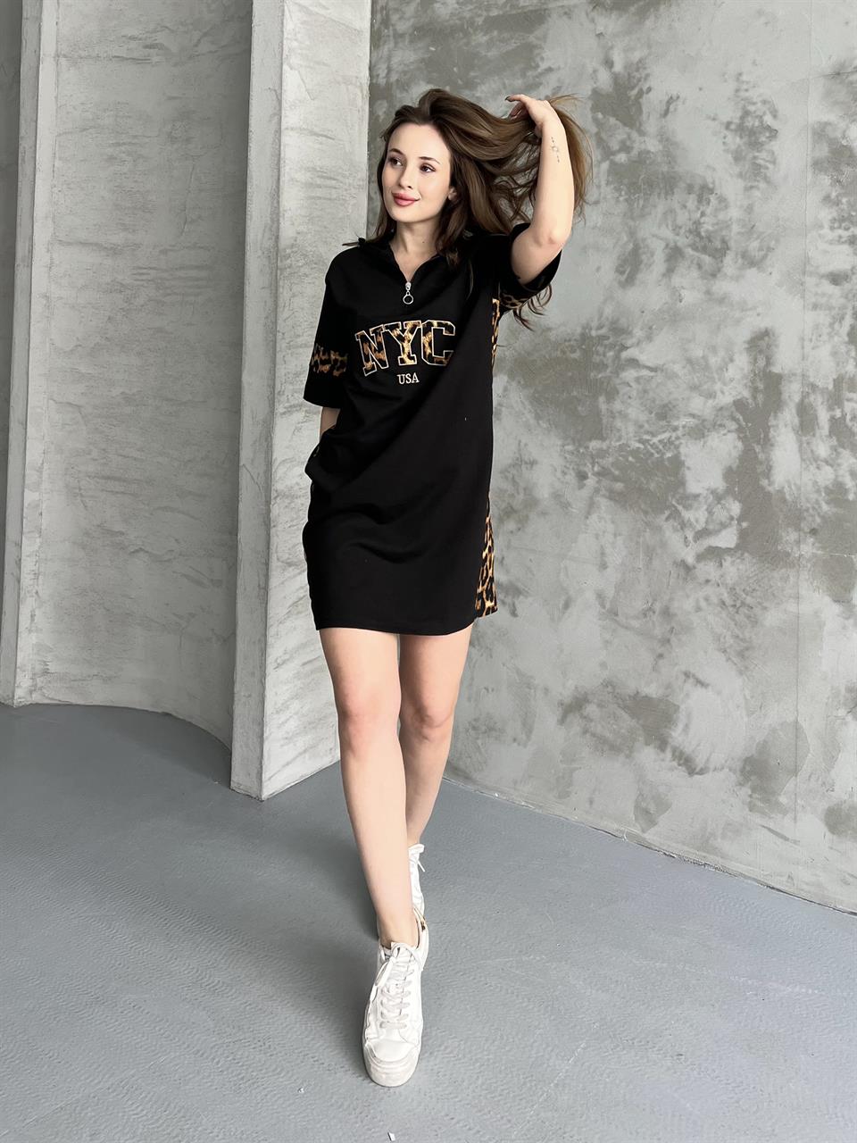 NYC Nakışlı Siyah Tunik